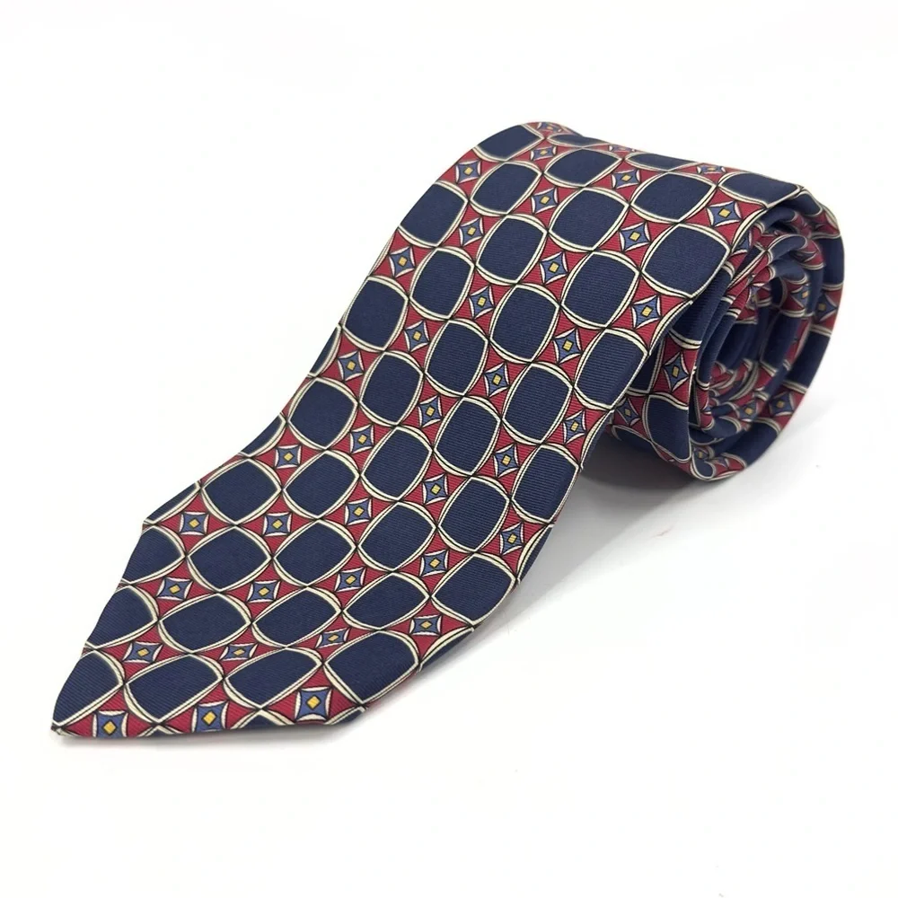 Polo Ralph Lauren Vintage Silk Tie Blue Red Yellow Cream Geometric Made In USA